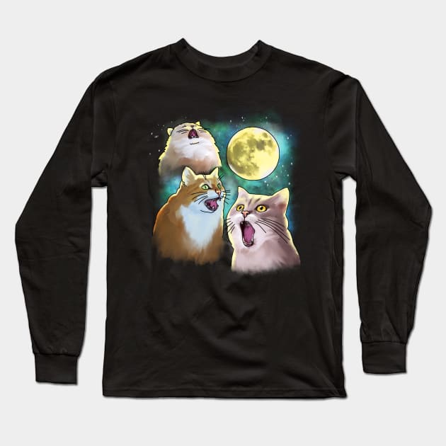 Three Cat Moon 3 Wolf Moon Funny Parody Long Sleeve T-Shirt by okpinsArtDesign